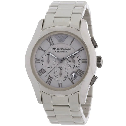 Side angle view of Emporio Armani Valente ceramic chronograph with grey dial and ceramic bracelet