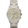 Emporio Armani Valente chronograph watch with grey ceramic case, grey dial with Roman numerals, and ceramic strap