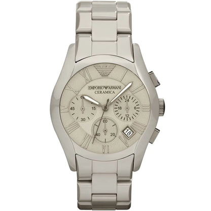 Emporio Armani Valente chronograph watch with grey ceramic case, grey dial with Roman numerals, and ceramic strap