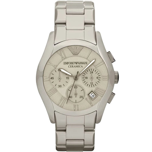 Emporio Armani Valente chronograph watch with grey ceramic case, grey dial with Roman numerals, and ceramic strap