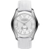Emporio Armani AR1751 men's watch with white dial, Roman numerals, stainless steel case, and white leather strap