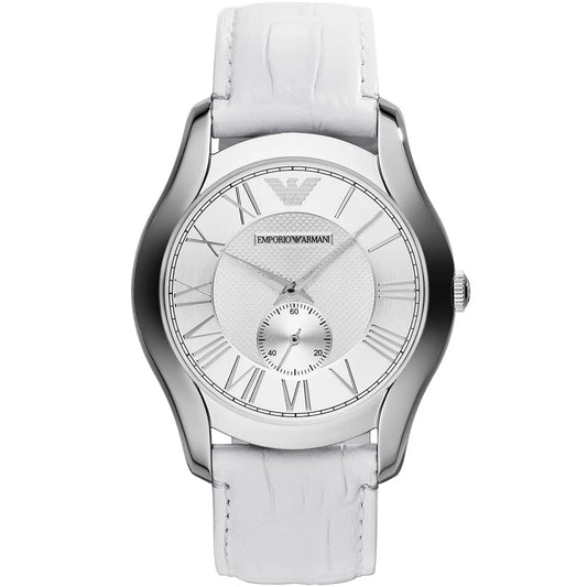 Emporio Armani AR1751 men's watch with white dial, Roman numerals, stainless steel case, and white leather strap