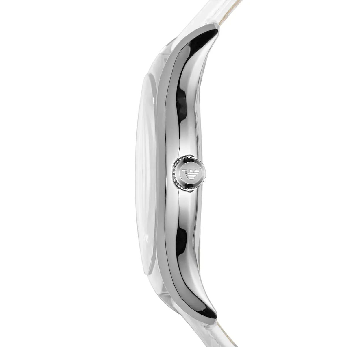 Side profile of Emporio Armani AR1751 watch showing thin stainless steel case and white leather strap