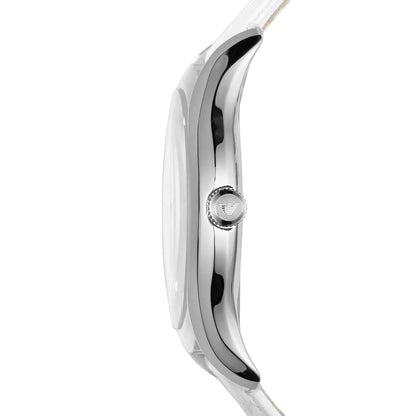 Side profile of Emporio Armani AR1751 watch showing thin stainless steel case and white leather strap