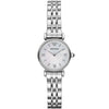 Emporio Armani Gianni T-Bar Mini watch with white MOP dial, silver stainless steel strap, Roman numeral markers