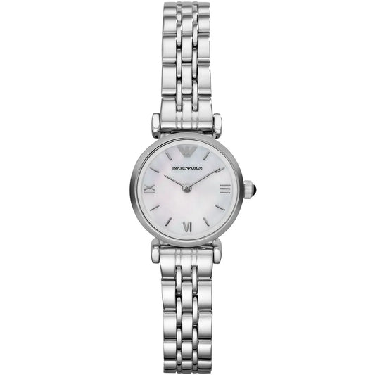 Emporio Armani Gianni T-Bar Mini watch with white MOP dial, silver stainless steel strap, Roman numeral markers