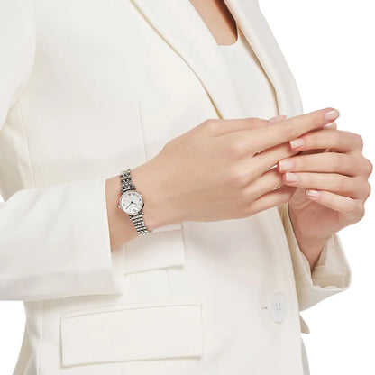 Emporio Armani Gianni T-Bar Mini watch worn on wrist showing white dial and silver metal bracelet