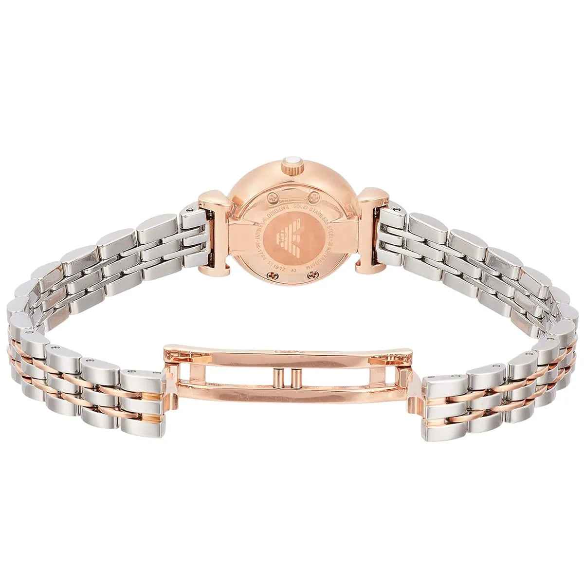 Caseback of Emporio Armani Gianni T-Bar Mini showing rose gold case with Emporio Armani branding