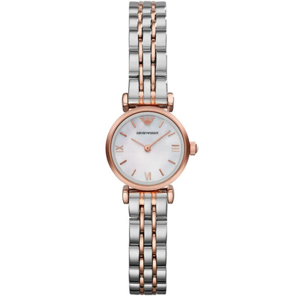Emporio Armani Gianni T-Bar Mini women's watch with white MOP dial and two-tone bracelet