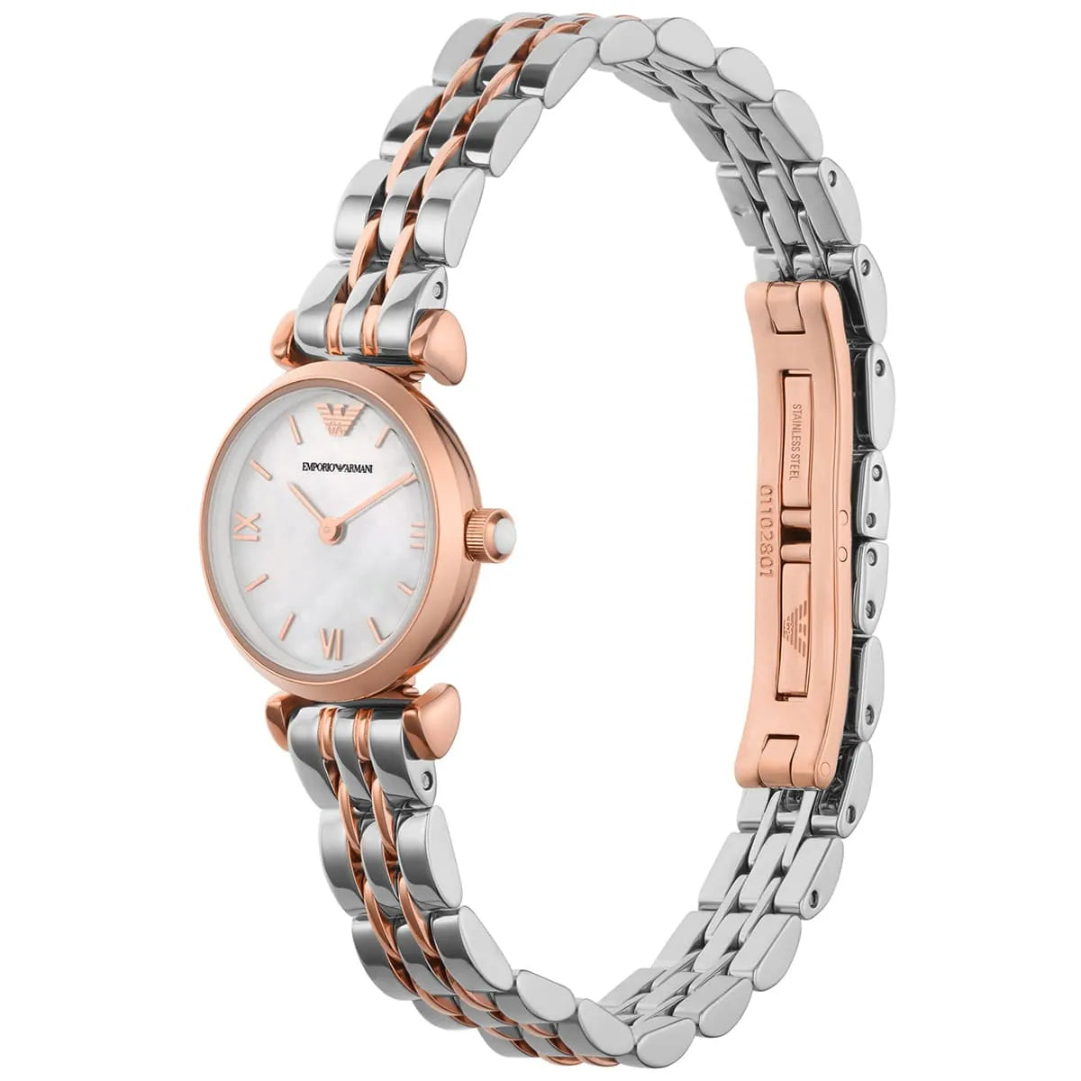 Two-tone Emporio Armani Gianni T-Bar Mini watch displayed on wrist with two-tone metal bracelet