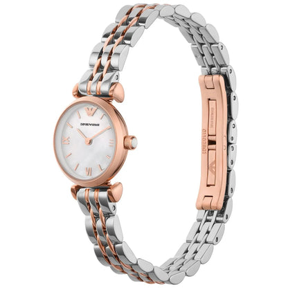 Two-tone Emporio Armani Gianni T-Bar Mini watch displayed on wrist with two-tone metal bracelet