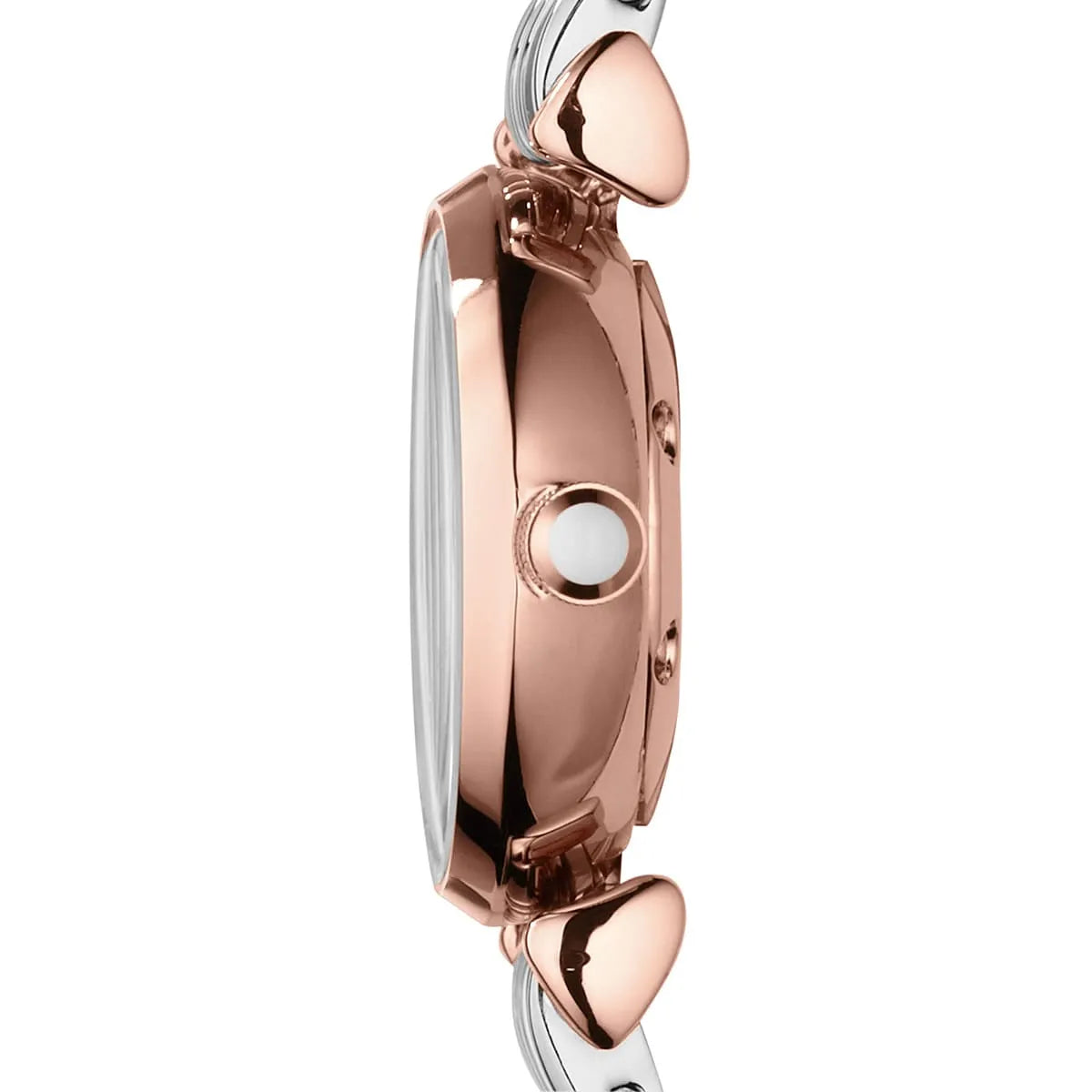 Side profile of Emporio Armani Gianni T-Bar Mini showing rose gold case and two-tone strap