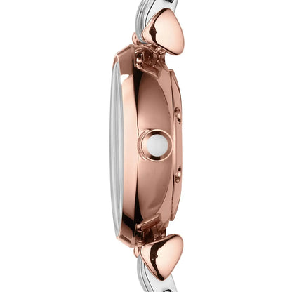 Side profile of Emporio Armani Gianni T-Bar Mini showing rose gold case and two-tone strap