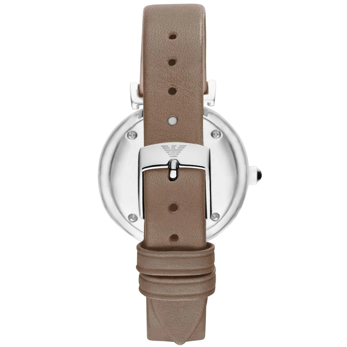 Case back of Emporio Armani Gianni T-Bar watch showing Armani logo and specifications