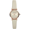 Emporio Armani Gianni T-Bar Mini women's watch with beige sunray dial, rose gold case, and beige leather strap
