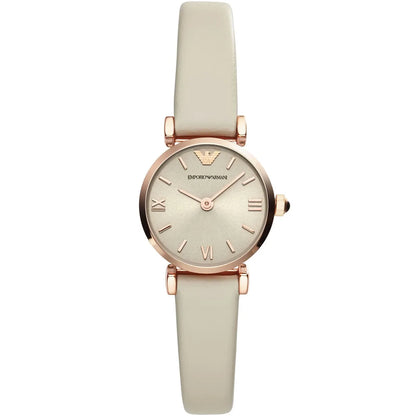 Emporio Armani Gianni T-Bar Mini women's watch with beige sunray dial, rose gold case, and beige leather strap