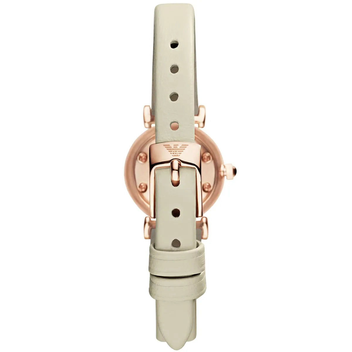 Beige genuine leather strap with rose gold hardware and adjustable buckle on Emporio Armani AR1771