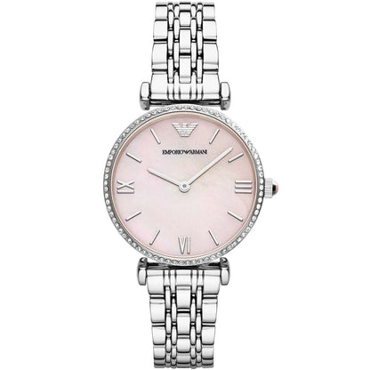 Emporio Armani Gianni T-Bar women's watch with pink dial, Roman numerals, and silver metal strap