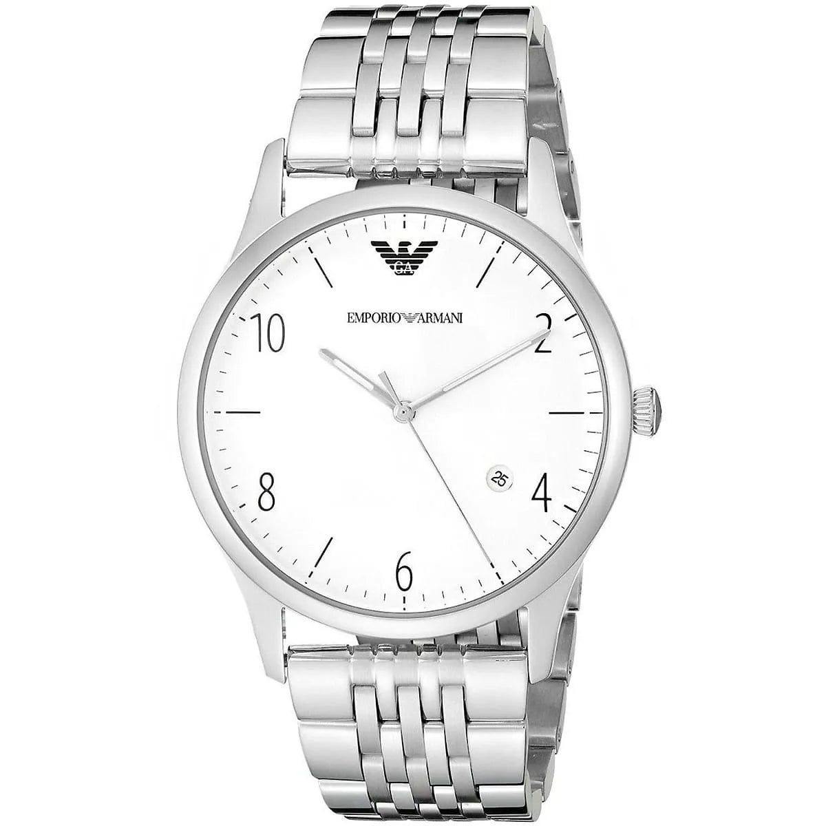 Emporio Armani AR1867 watch angled view showing silver stainless steel bracelet