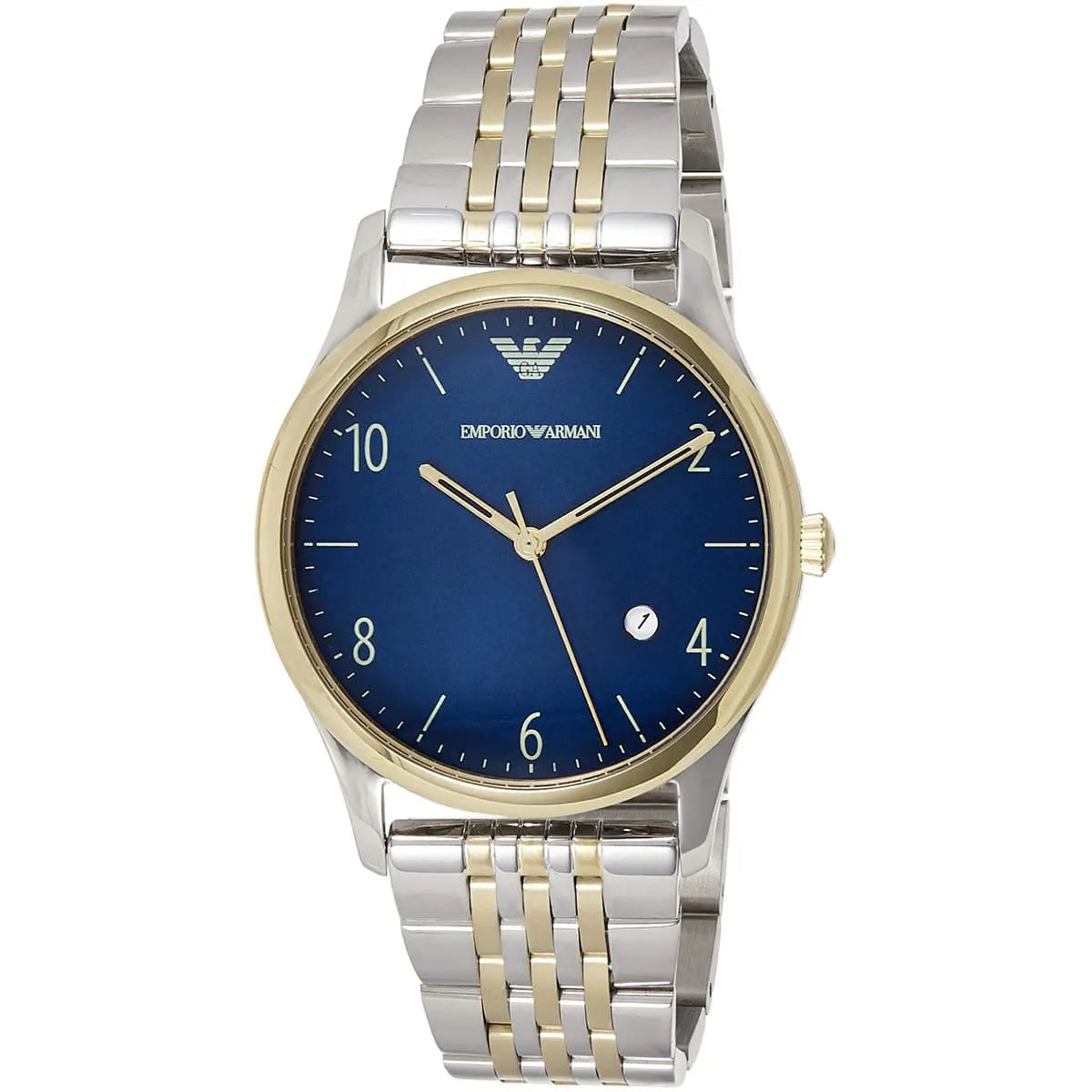AR1868 watch angled view showing sunray blue dial and two-tone metal strap