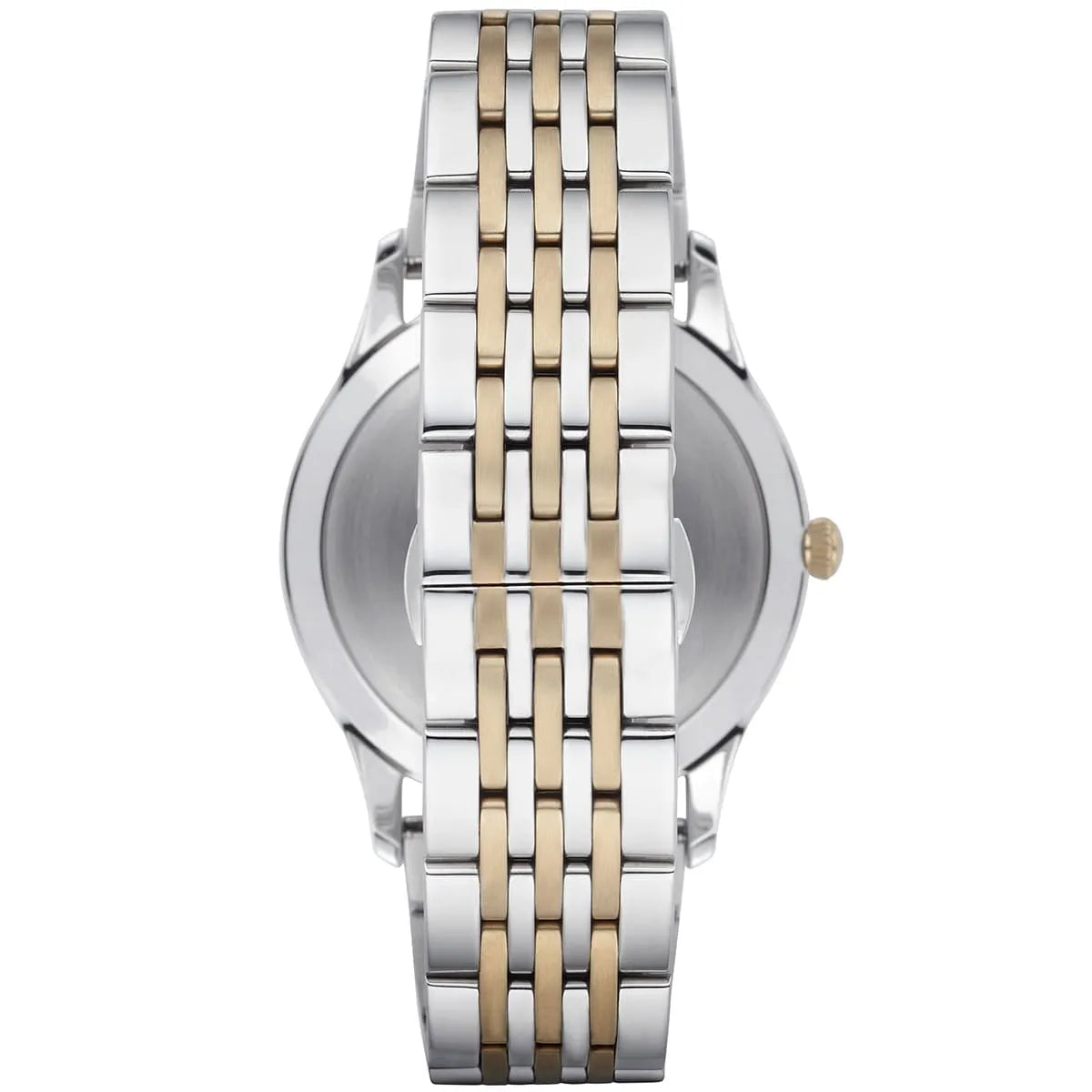 Bottom view of AR1868 watch showing case back and two-tone stainless steel bracelet