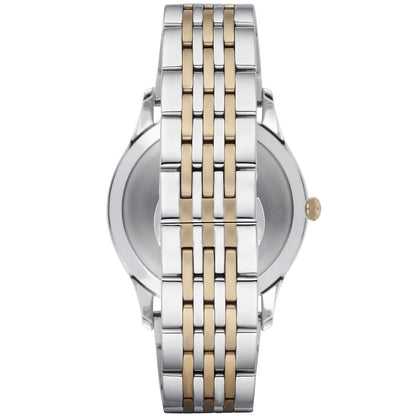 Bottom view of AR1868 watch showing case back and two-tone stainless steel bracelet