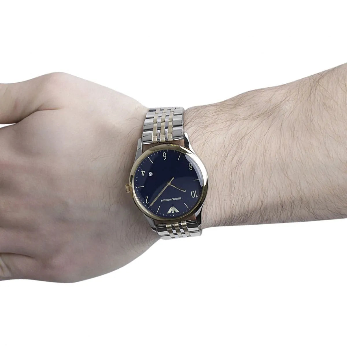 AR1868 Beta Large worn on wrist showing sunray blue dial and two-tone bracelet