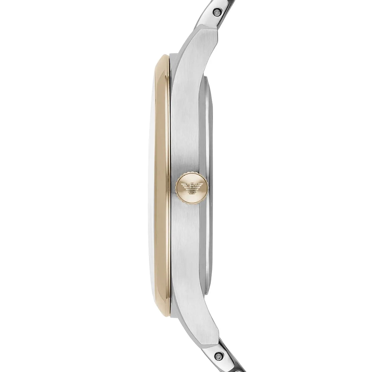 Side profile of AR1868 showing two-tone stainless steel case and bracelet thickness