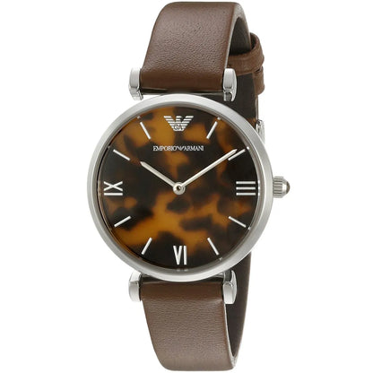 Angled view of Emporio Armani AR1873 Gianni T-Bar watch with tortoiseshell dial and brown leather strap