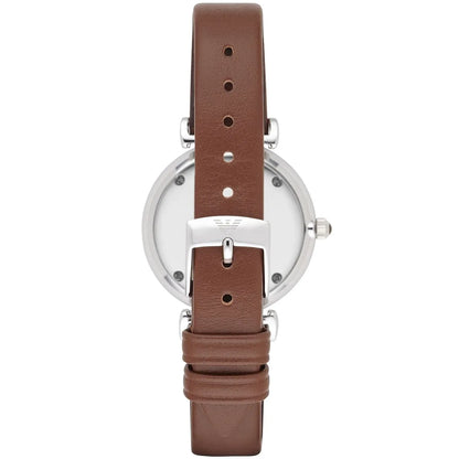Caseback view of Emporio Armani AR1873 watch with stainless steel case and brown leather strap
