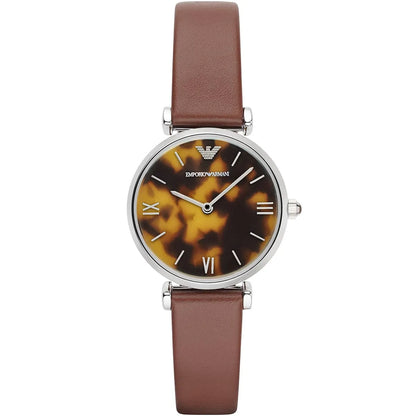 Emporio Armani Gianni T-Bar women's watch with tortoiseshell brown dial and light brown leather strap