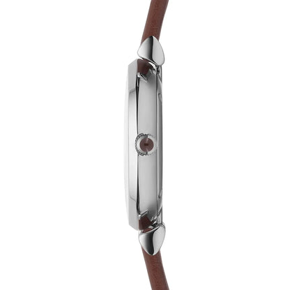 Side profile of Emporio Armani Gianni T-Bar watch showing stainless steel case and brown leather strap