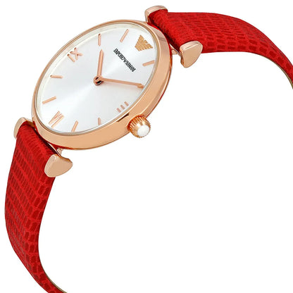 AR1876 Emporio Armani Gianni T-Bar watch with rose gold case, silver dial, and red crocodile-textured leather strap angled view