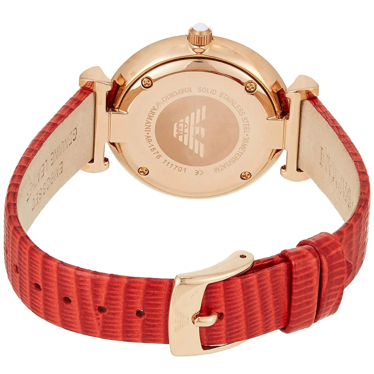 AR1876 Emporio Armani caseback showing rose gold case back with Emporio Armani eagle logo and engraved text