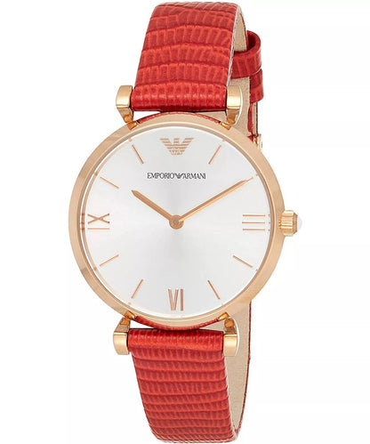 Emporio Armani Gianni T-Bar AR1876 rose gold women's watch with white dial and red leather strap