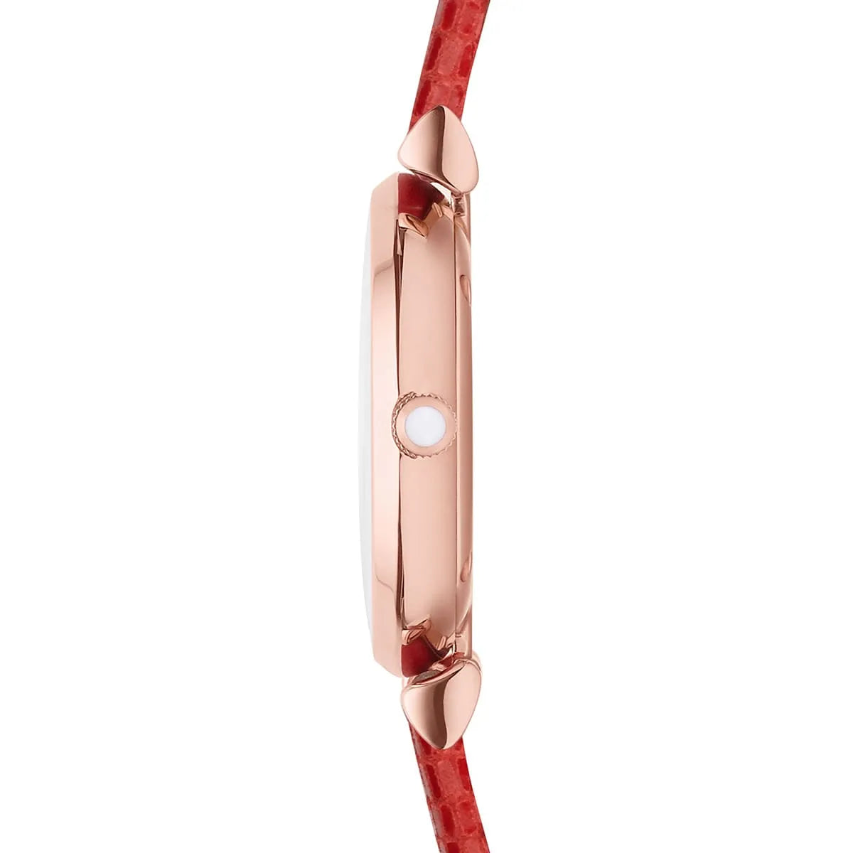 Side profile of AR1876 Emporio Armani watch showing rose gold case thickness and red strap