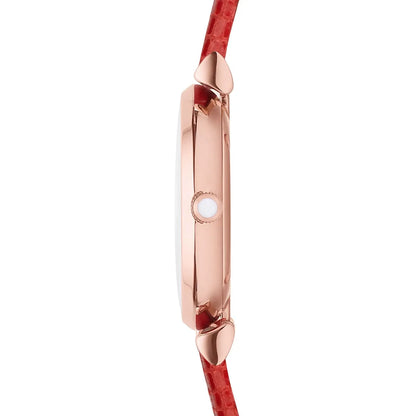 Side profile of AR1876 Emporio Armani watch showing rose gold case thickness and red strap
