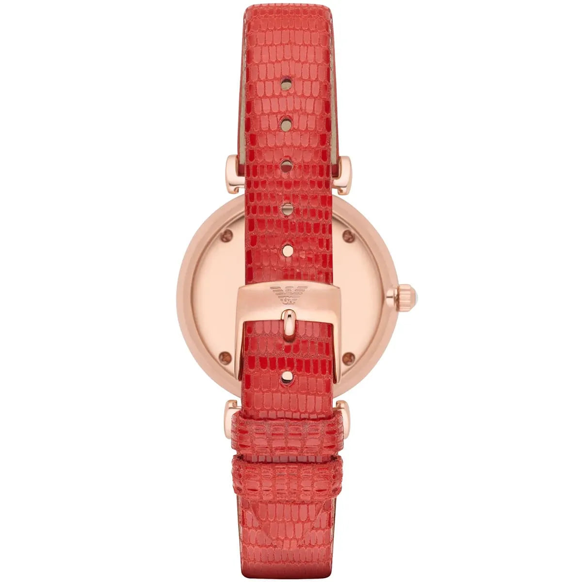 AR1876 Emporio Armani Gianni T-Bar red crocodile-embossed leather strap with rose gold hardware and T-bar details