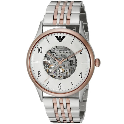 Emporio Armani Meccanico AR1921 three-quarter view showing skeleton dial and two-tone metal strap