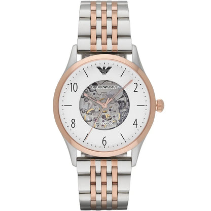 Emporio Armani Meccanico AR1921 white skeleton dial with two-tone silver and rose gold bracelet