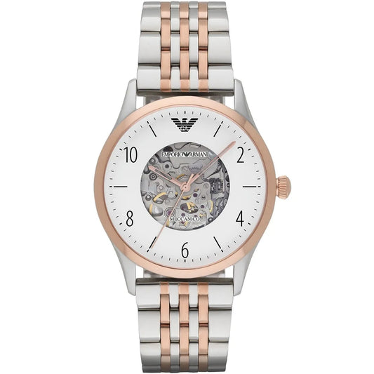 Emporio Armani Meccanico AR1921 white skeleton dial with two-tone silver and rose gold bracelet