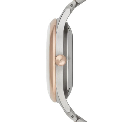 Emporio Armani Meccanico AR1921 side profile with rose gold case and white dial visible