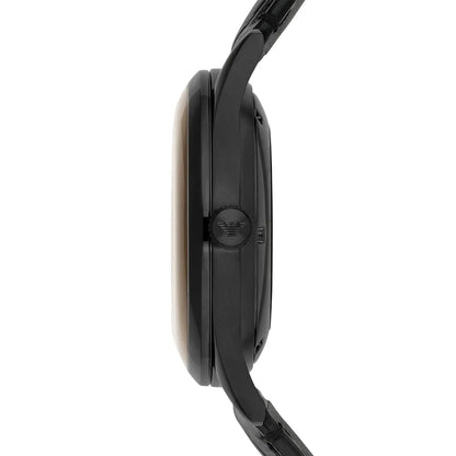 AR1923 Beta Meccanico side view displaying tan dial, black case, and leather band thickness