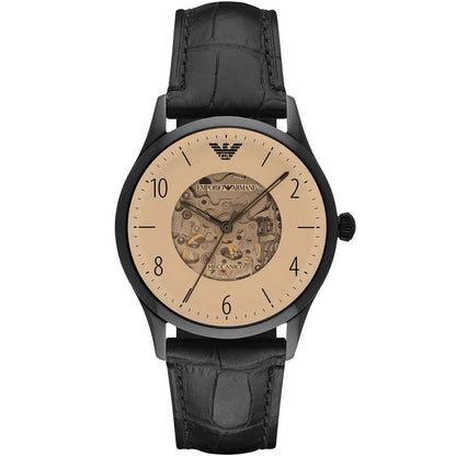 Emporio Armani Beta Meccanico AR1923 skeleton dial automatic watch with tan face and black leather strap