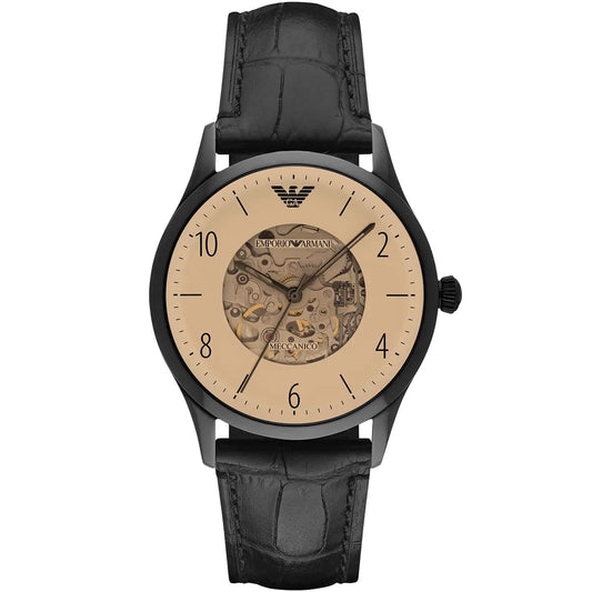 Emporio Armani Beta Meccanico AR1923 skeleton dial automatic watch with tan face and black leather strap