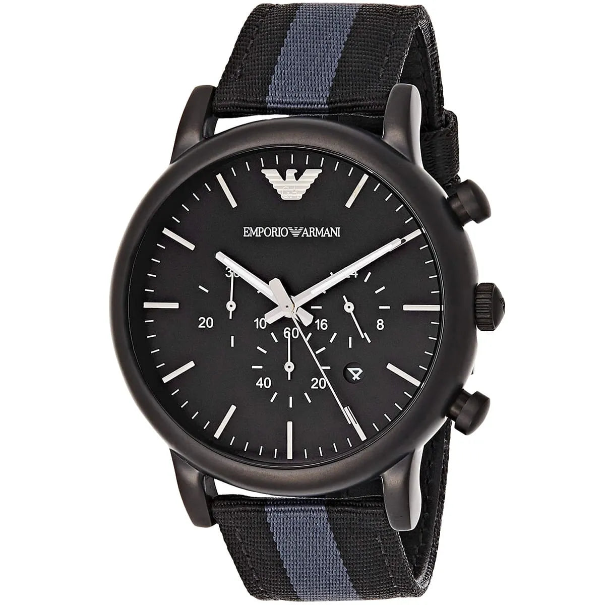 AR1948 Emporio Armani Luigi chronograph angled view showing black dial and multi-stripe strap