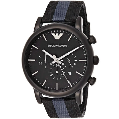 AR1948 Emporio Armani Luigi chronograph angled view showing black dial and multi-stripe strap