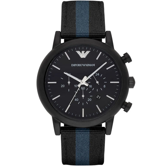 Emporio Armani Luigi chronograph watch with matte black dial and striped nylon-leather strap