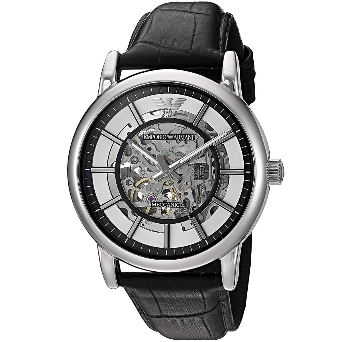 Emporio Armani AR1981 skeleton watch three-quarter view with visible mechanical movement
