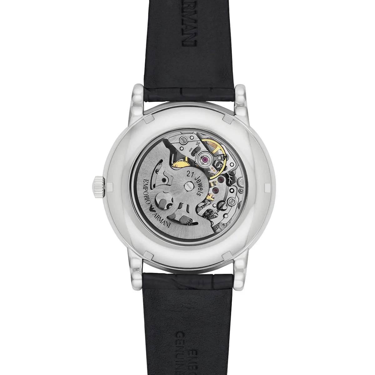 Emporio Armani AR1981 skeleton watch caseback showing visible automatic mechanical movement